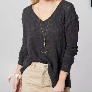Free People Oversized Ocean Air Hacci Dark Grey Size Small Long Sleeve V Neck
